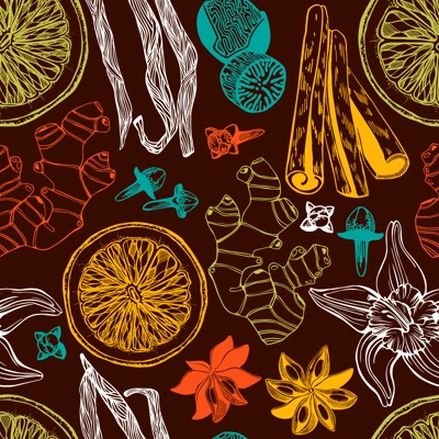Hand-drawn herbs and spices background. Vinatge food seamless pattern. Kitchen spices sketches - cinnamon, vanilla, cloves, nutmeg, ginger.. NOT AI generated